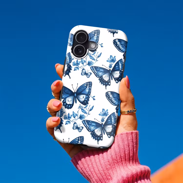 Blauw - Vlinders - Bloemen - Wit Toughcase MagSafe Apple iPhone 17 klein 1017 -Sfeer1V