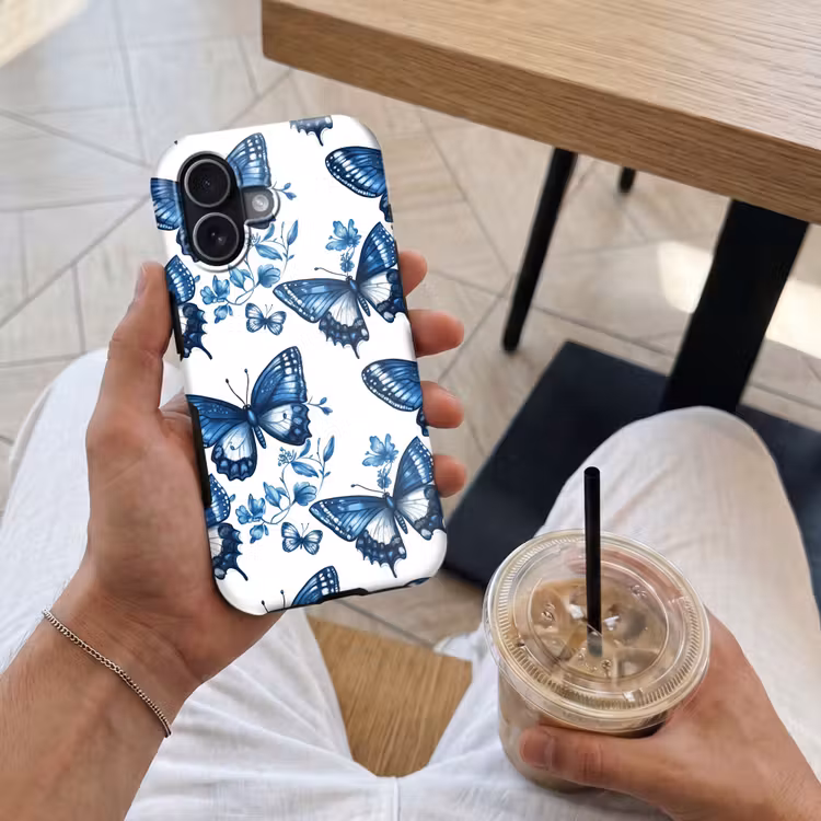 Blauw - Vlinders - Bloemen - Wit Toughcase MagSafe Apple iPhone 17 klein 1017 -Sfeer1M