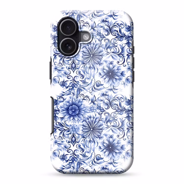 Bloemen - Blauw - Patroon - Wit Toughcase MagSafe Apple iPhone 17 klein 1017 -3d
