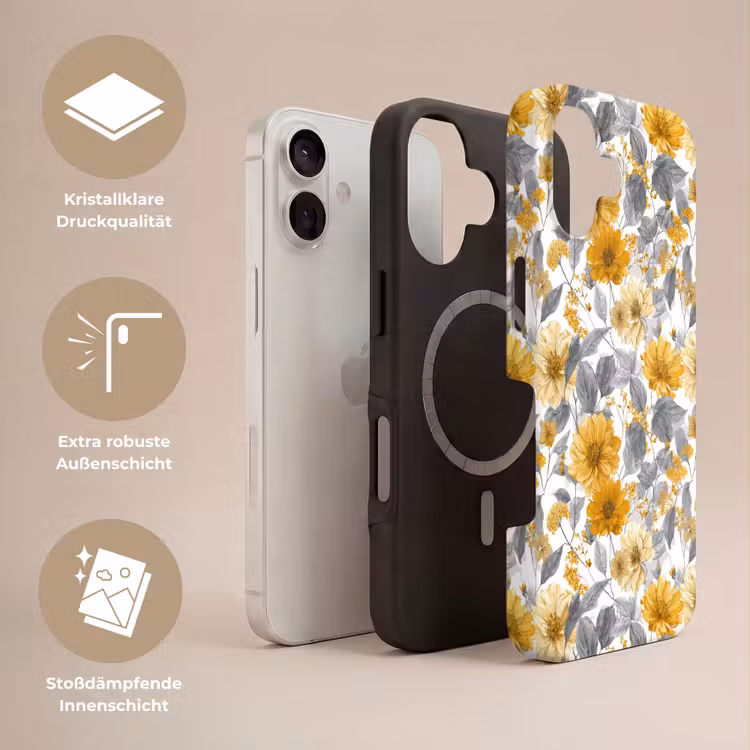 Bloemen - Botanisch - Elegant - Okergeel - Grijs Toughcase MagSafe Apple iPhone 17 klein 1017 -USP_Lagen_DE