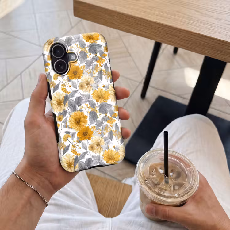 Bloemen - Botanisch - Elegant - Okergeel - Grijs Toughcase MagSafe Apple iPhone 17 klein 1017 -Sfeer1M