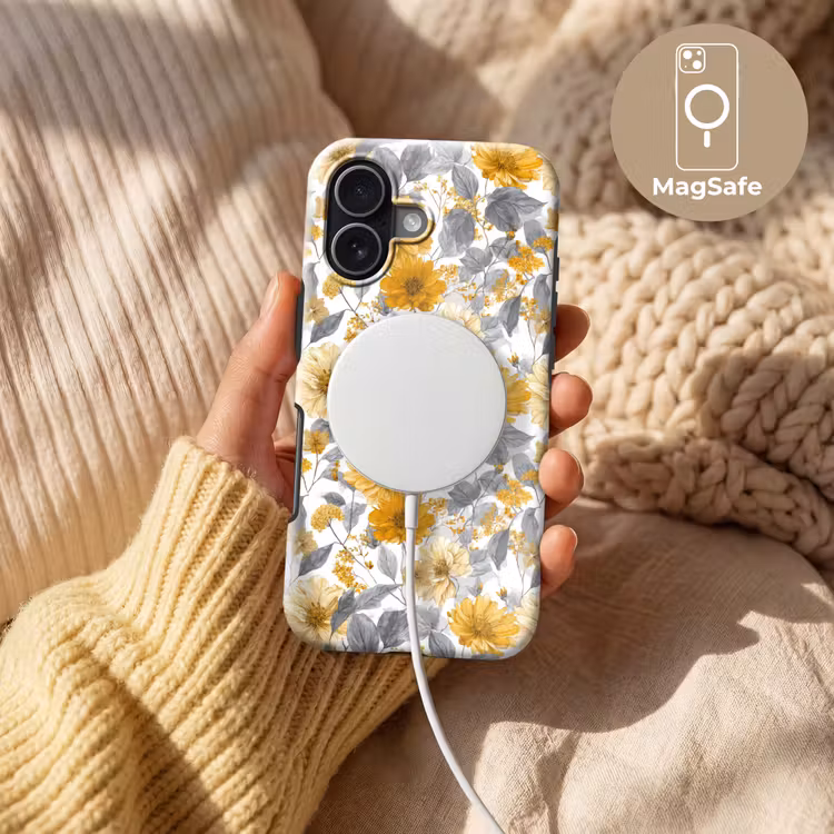 Bloemen - Botanisch - Elegant - Okergeel - Grijs Toughcase MagSafe Apple iPhone 17 klein 1017 -USP_MagsafeV