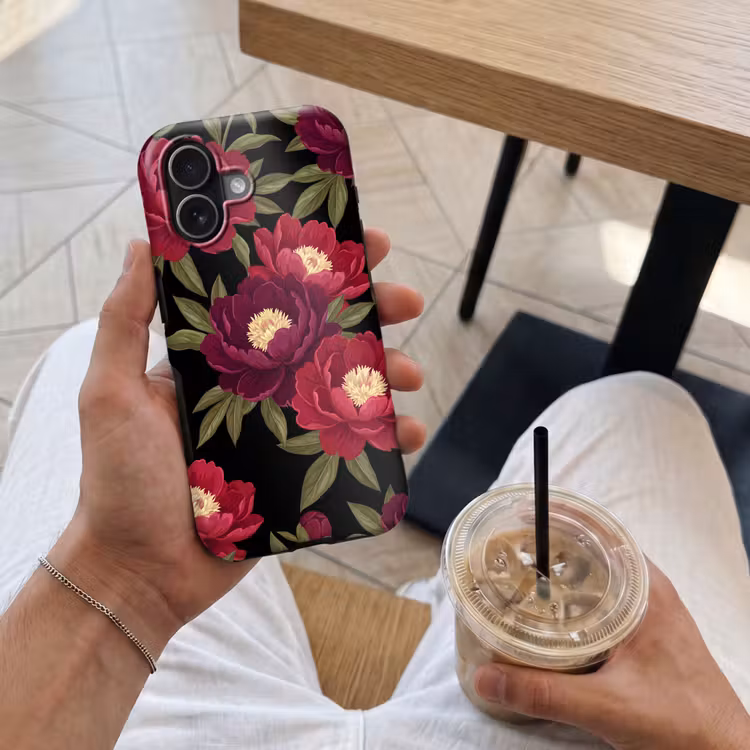 Bloemen - Patroon - Botanisch - Rood - Zwart Toughcase MagSafe Apple iPhone 17 klein -Sfeer1M