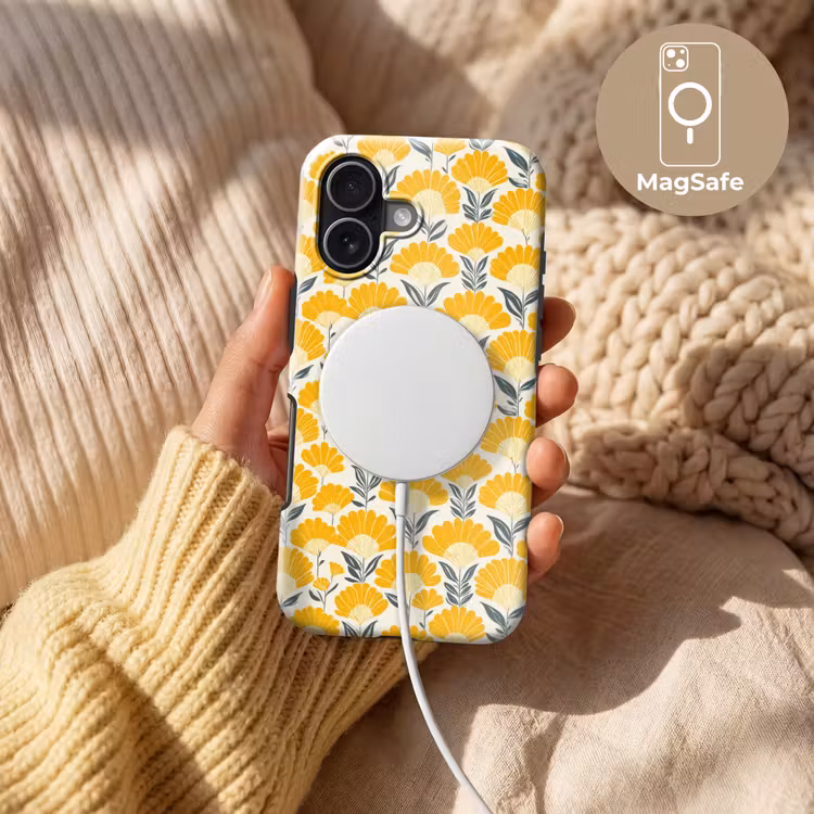 Bloemen - Retro - Botanisch - Okergeel - Grijs Toughcase MagSafe Apple iPhone 17 klein 1017 -USP_MagsafeV