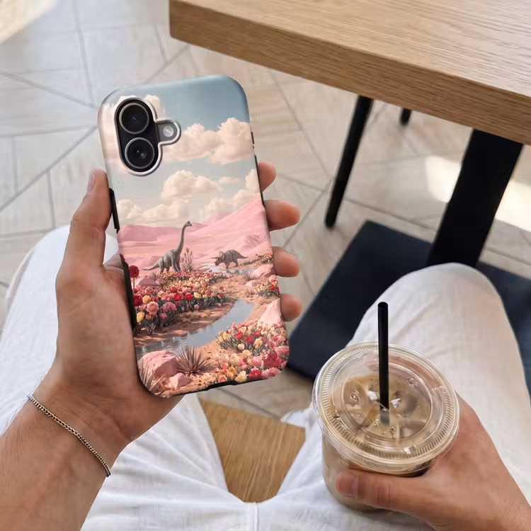 Handyhülle Toughcase - Dinosaurier – Rosa – Landschaft - Dinosaurus - Roze - Landschap Toughcase MagSafe Apple iPhone 17 klein