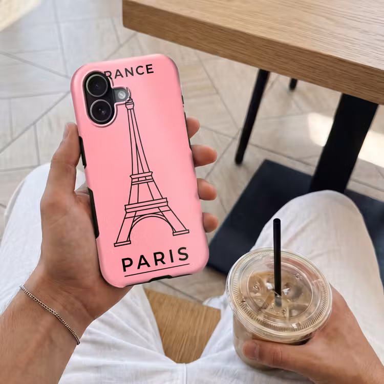 Eiffeltoren - Parijs - Architectuur - Minimalistisch - Roze Toughcase MagSafe Apple iPhone 17 klein -Sfeer1M