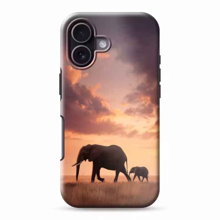 Olifanten - Grasland - Zonsondergang Toughcase MagSafe Apple iPhone 17 klein -3d