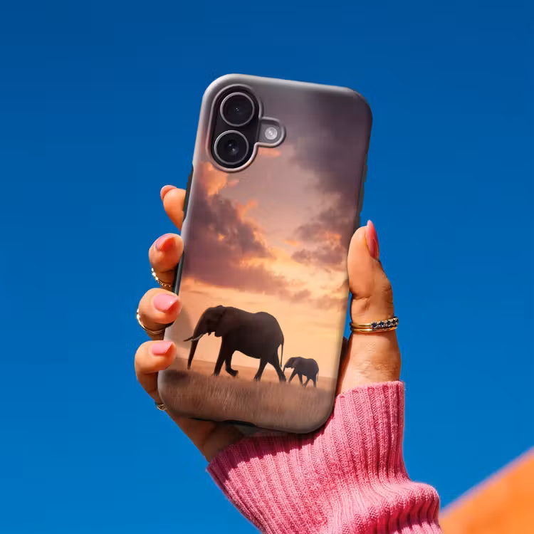 Olifanten - Grasland - Zonsondergang Toughcase MagSafe Apple iPhone 17 klein -Sfeer1V