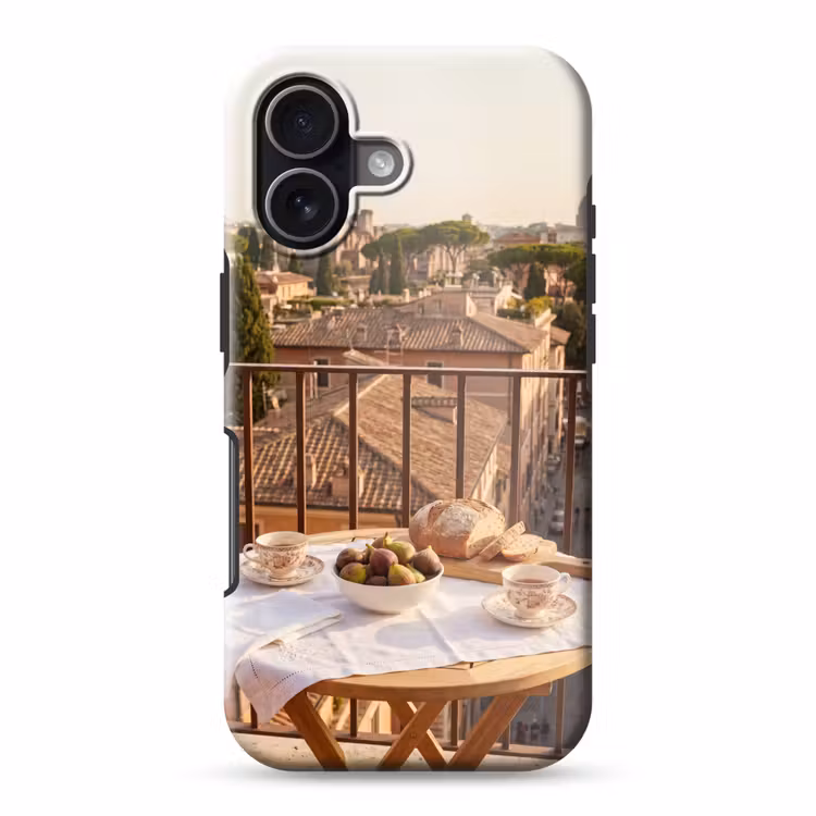 Eten - Ontbijt - Balkon - Stad - Zonsopgang Toughcase MagSafe Apple iPhone 17 klein -3d