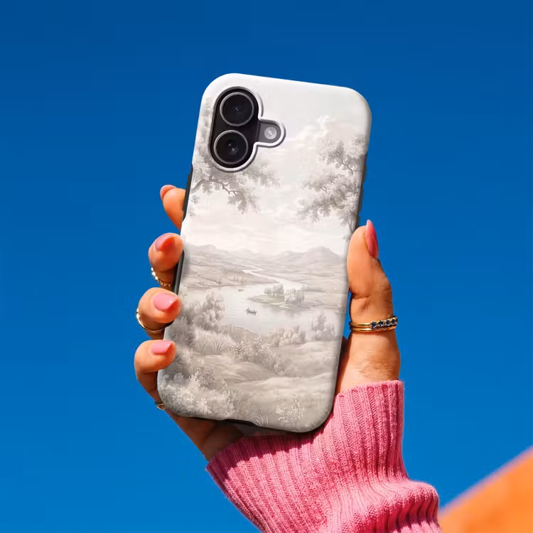 Rivierlandschap - Bergen - Natuur - Vintage - Beige Toughcase MagSafe Apple iPhone 17 klein -Sfeer1V