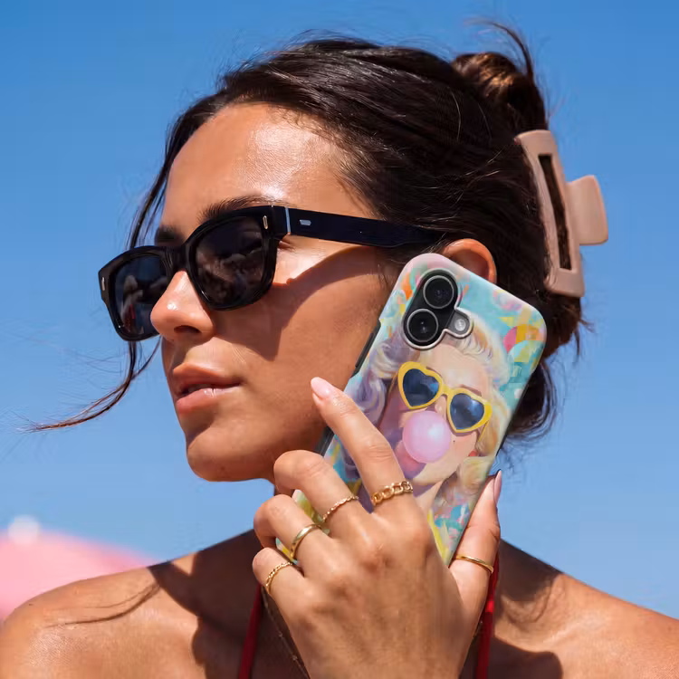 Vrouw - Blond - Roze kauwgom - Kleurrijk - Pastel Toughcase MagSafe Apple iPhone 17 klein -Sfeer2V