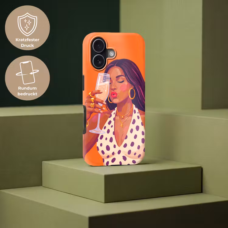 Vrouw - Champagne - Feest - Modern - Oranje Toughcase MagSafe Apple iPhone 17 klein -USP_PrintM_DE
