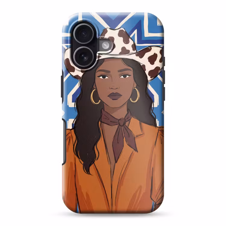 Vrouw - Cowboyhoed - Portret - Modern - Blauw Toughcase MagSafe Apple iPhone 17 klein -3d