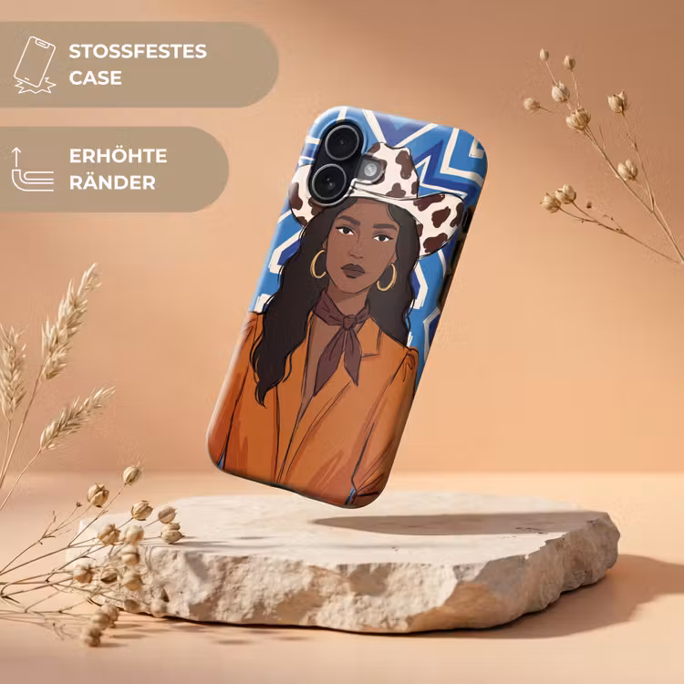 Vrouw - Cowboyhoed - Portret - Modern - Blauw Toughcase MagSafe Apple iPhone 17 klein -USP_RandenV_DE