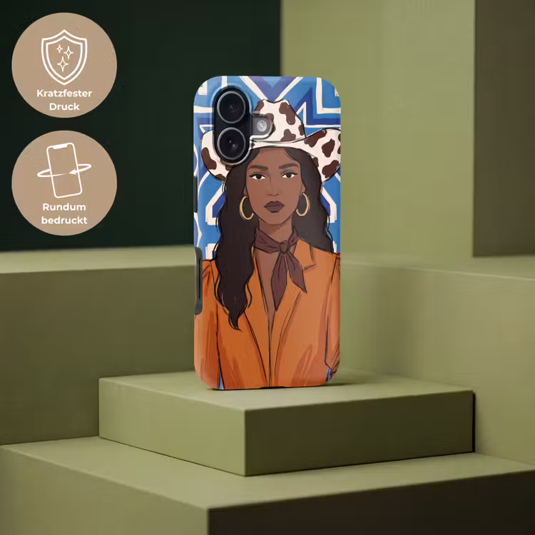 Vrouw - Cowboyhoed - Portret - Modern - Blauw Toughcase MagSafe Apple iPhone 17 klein -USP_PrintM_DE