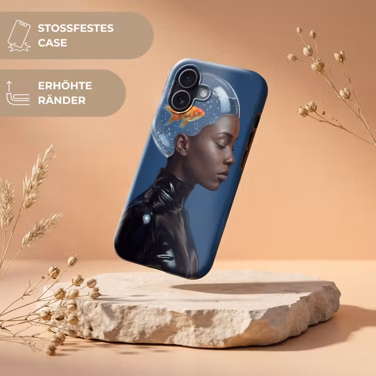 Vrouw - Goudvis - Hoofd - Abstract - Blauw Toughcase MagSafe Apple iPhone 17 klein -USP_RandenV_DE