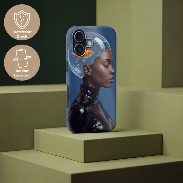 Vrouw - Goudvis - Hoofd - Abstract - Blauw Toughcase MagSafe Apple iPhone 17 klein -USP_PrintM_DE