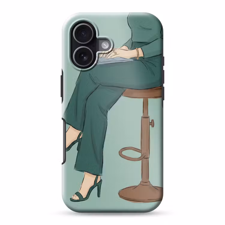 Vrouw - Laptop - Zittend - Illustratie - Groen Toughcase MagSafe Apple iPhone 17 klein -3d
