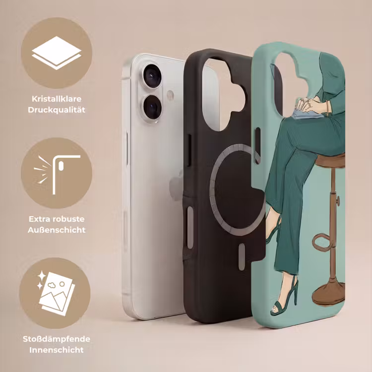 Vrouw - Laptop - Zittend - Illustratie - Groen Toughcase MagSafe Apple iPhone 17 klein -USP_Lagen_DE