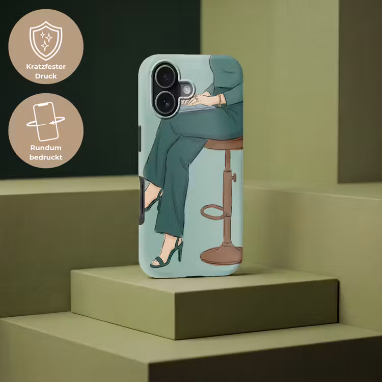 Vrouw - Laptop - Zittend - Illustratie - Groen Toughcase MagSafe Apple iPhone 17 klein -USP_PrintM_DE