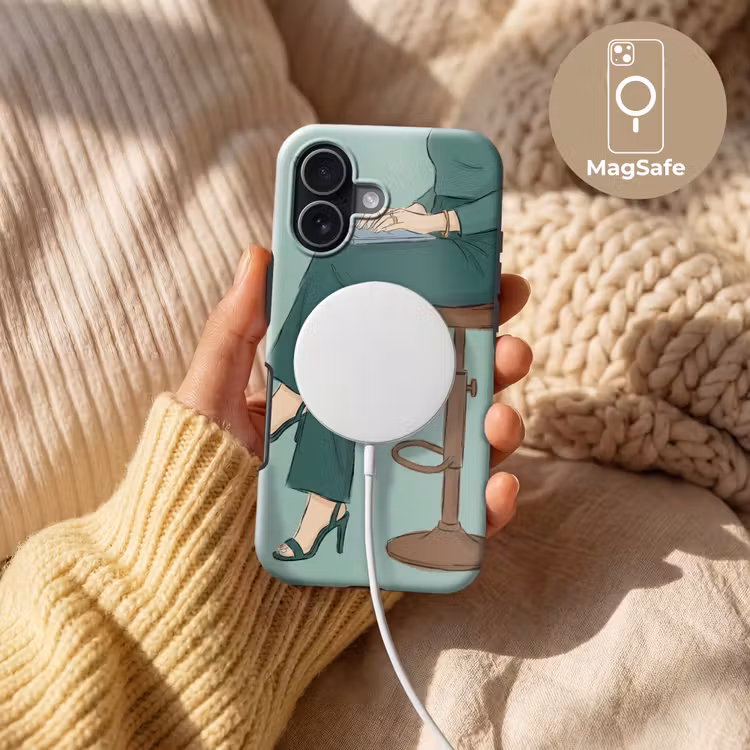 Vrouw - Laptop - Zittend - Illustratie - Groen Toughcase MagSafe Apple iPhone 17 klein -USP_MagsafeV