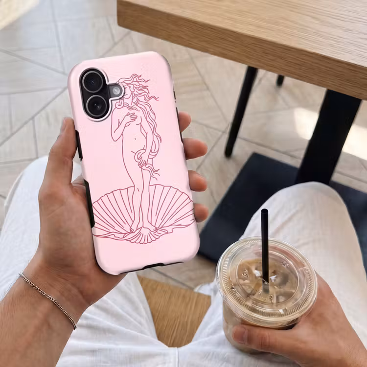 Vrouw - Schelp - Kunst - Lijntekening - Roze Toughcase MagSafe Apple iPhone 17 klein -Sfeer1M
