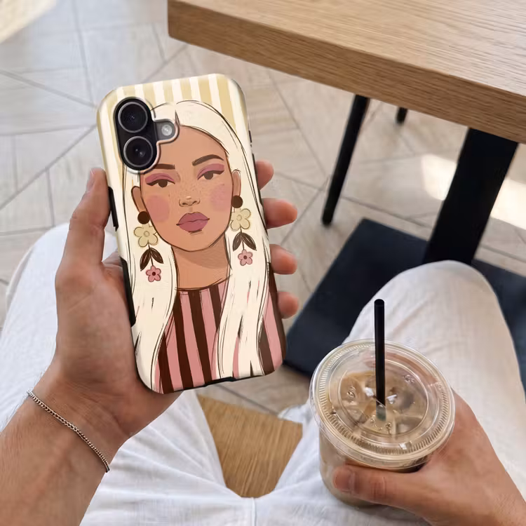 Vrouw - Portret - Illustratie - Modern - Roze Toughcase MagSafe Apple iPhone 17 klein -Sfeer1M