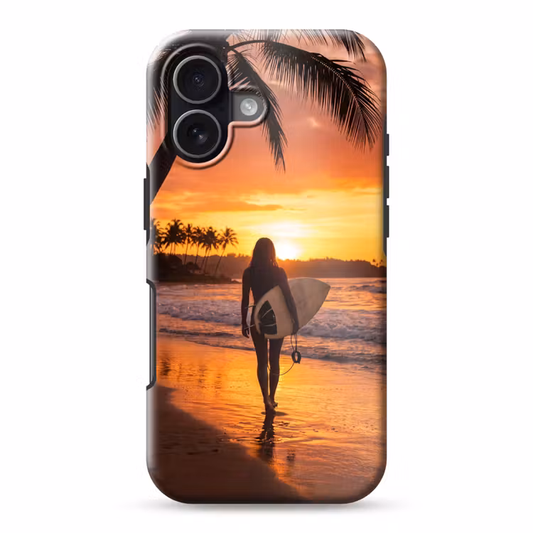 Vrouw - Surfplank - Strand - Zonsondergang - Oranje Toughcase MagSafe Apple iPhone 17 klein -3d