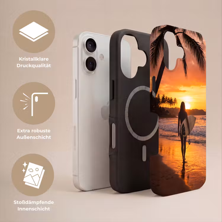 Vrouw - Surfplank - Strand - Zonsondergang - Oranje Toughcase MagSafe Apple iPhone 17 klein -USP_Lagen_DE