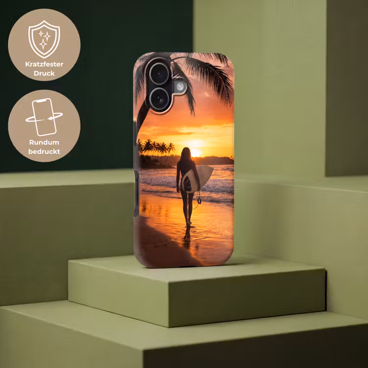 Vrouw - Surfplank - Strand - Zonsondergang - Oranje Toughcase MagSafe Apple iPhone 17 klein -USP_PrintM_DE