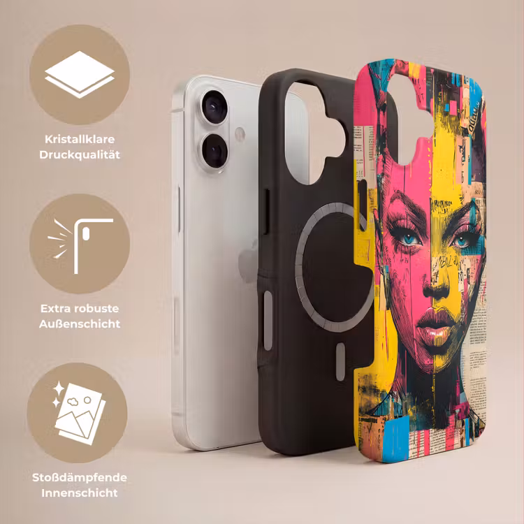 Vrouwengezicht - Krantenpapier - Abstract - Roze Toughcase MagSafe Apple iPhone 17 klein -USP_Lagen_DE