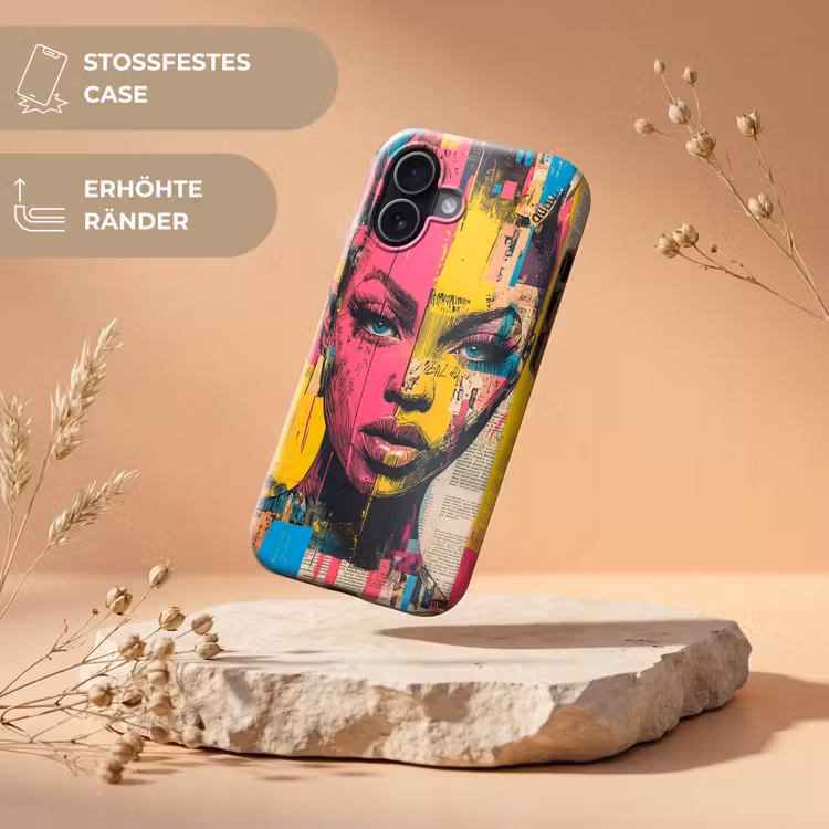 Vrouwengezicht - Krantenpapier - Abstract - Roze Toughcase MagSafe Apple iPhone 17 klein -USP_RandenV_DE