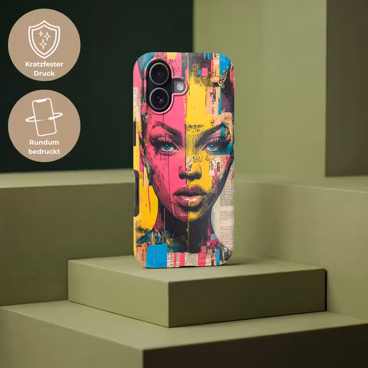 Vrouwengezicht - Krantenpapier - Abstract - Roze Toughcase MagSafe Apple iPhone 17 klein -USP_PrintM_DE