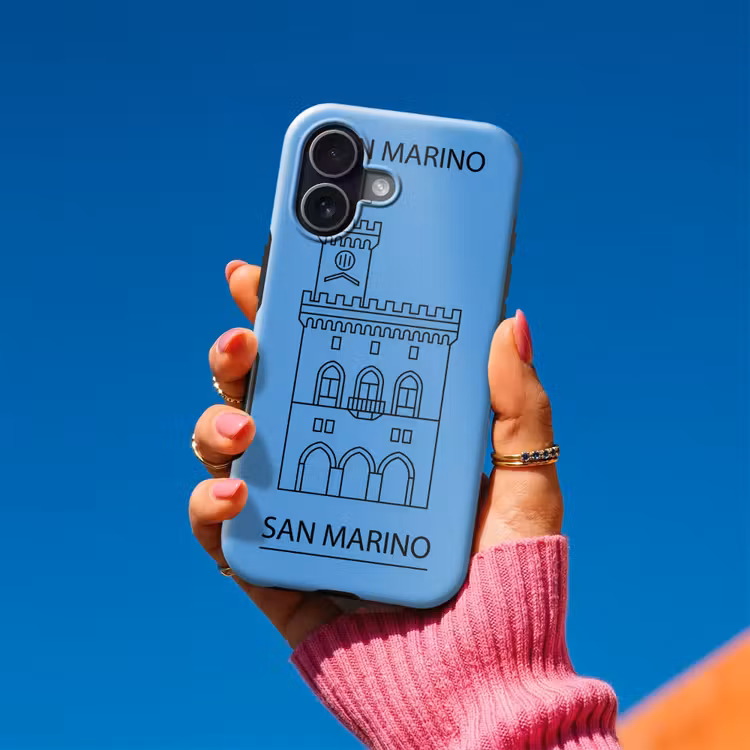 Gebouw - San Marino - Architectuur - Lijntekening - Blauw Toughcase MagSafe Apple iPhone 17 klein -Sfeer1V