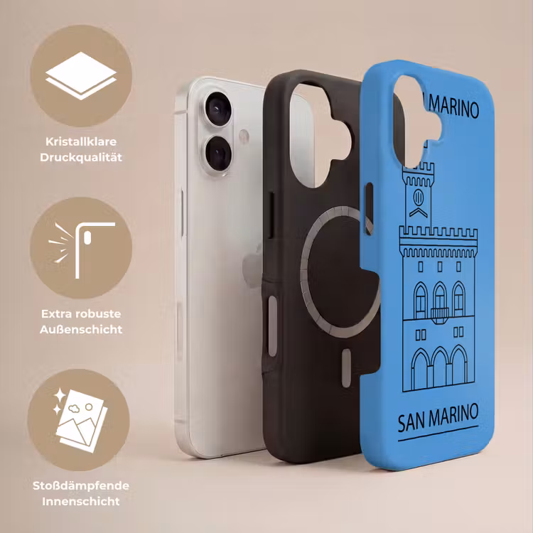 Gebouw - San Marino - Architectuur - Lijntekening - Blauw Toughcase MagSafe Apple iPhone 17 klein -USP_Lagen_DE