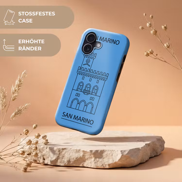 Gebouw - San Marino - Architectuur - Lijntekening - Blauw Toughcase MagSafe Apple iPhone 17 klein -USP_RandenV_DE