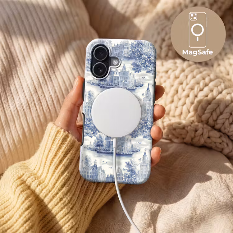 Huizen - Bomen - Water - Vogels - Blauw Toughcase MagSafe Apple iPhone 17 klein 1017 -USP_MagsafeV