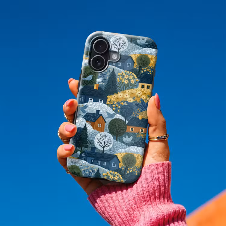 Huisjes - Bloemen - Patroon - Geel - Blauw Toughcase MagSafe Apple iPhone 17 klein 1017 -Sfeer1V