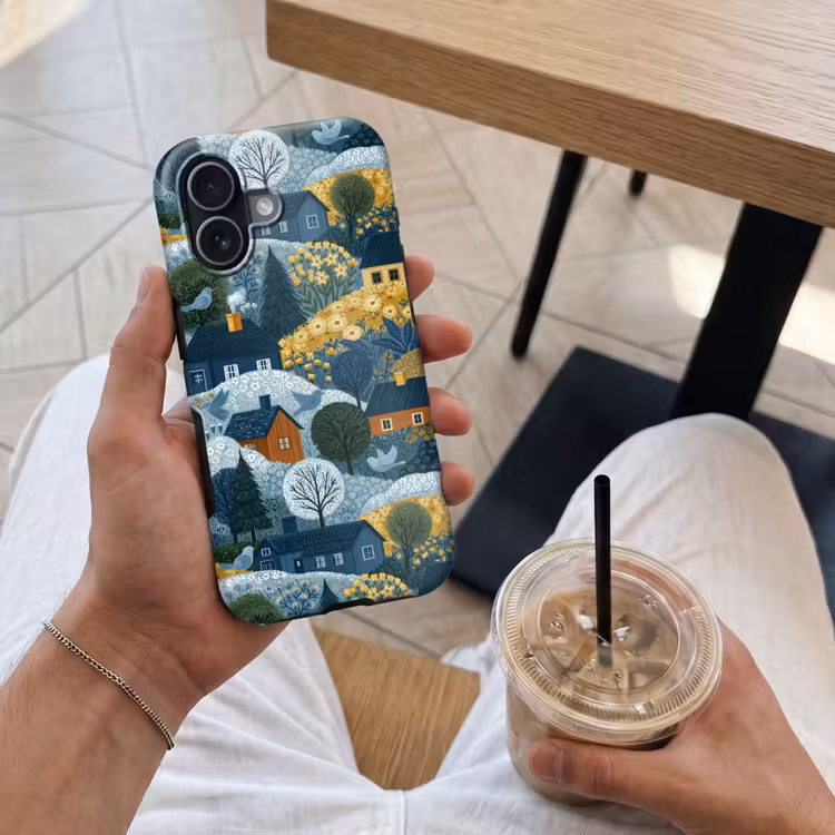 Huisjes - Bloemen - Patroon - Geel - Blauw Toughcase MagSafe Apple iPhone 17 klein 1017 -Sfeer1M