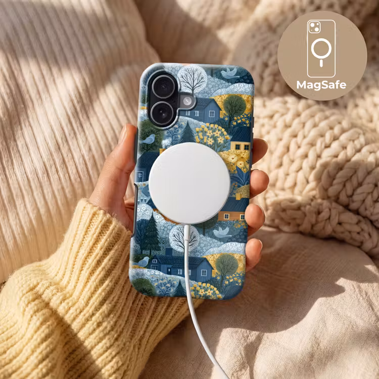 Huisjes - Bloemen - Patroon - Geel - Blauw Toughcase MagSafe Apple iPhone 17 klein 1017 -USP_MagsafeV