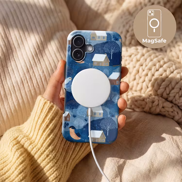 Huisjes - Vogels - Sneeuw - Winter - Blauw Toughcase MagSafe Apple iPhone 17 klein 1017 -USP_MagsafeV