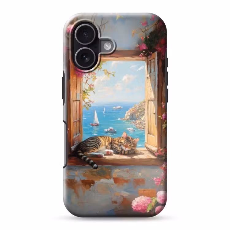 Kat - Blauwe zee - Roze bloemen Toughcase MagSafe Apple iPhone 17 klein -3d