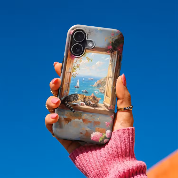 Kat - Blauwe zee - Roze bloemen Toughcase MagSafe Apple iPhone 17 klein -Sfeer1V
