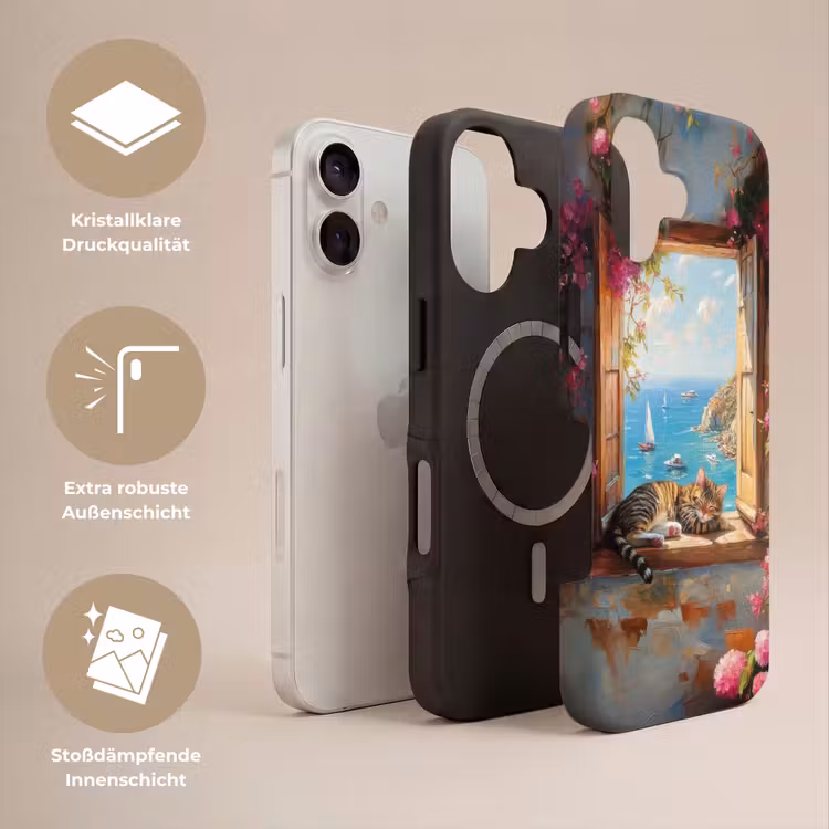 Kat - Blauwe zee - Roze bloemen Toughcase MagSafe Apple iPhone 17 klein -USP_Lagen_DE