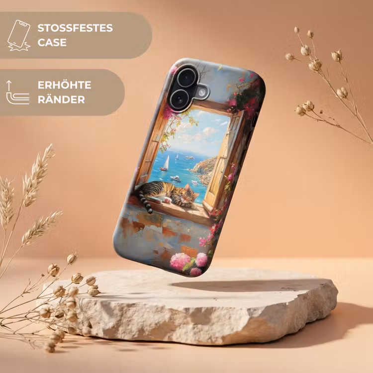 Kat - Blauwe zee - Roze bloemen Toughcase MagSafe Apple iPhone 17 klein -USP_RandenV_DE