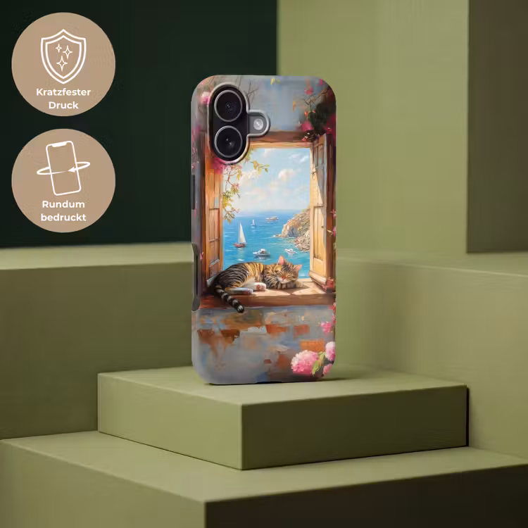 Kat - Blauwe zee - Roze bloemen Toughcase MagSafe Apple iPhone 17 klein -USP_PrintM_DE