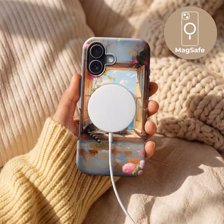 Kat - Blauwe zee - Roze bloemen Toughcase MagSafe Apple iPhone 17 klein -USP_MagsafeV