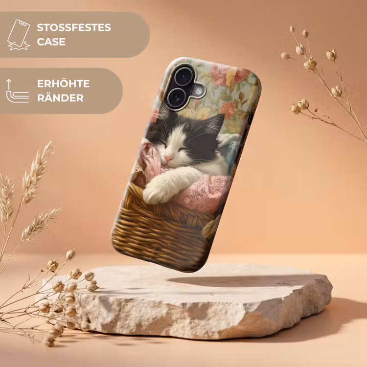 Kat - Bloemenprint - Rieten mand Toughcase MagSafe Apple iPhone 17 klein -USP_RandenV_DE