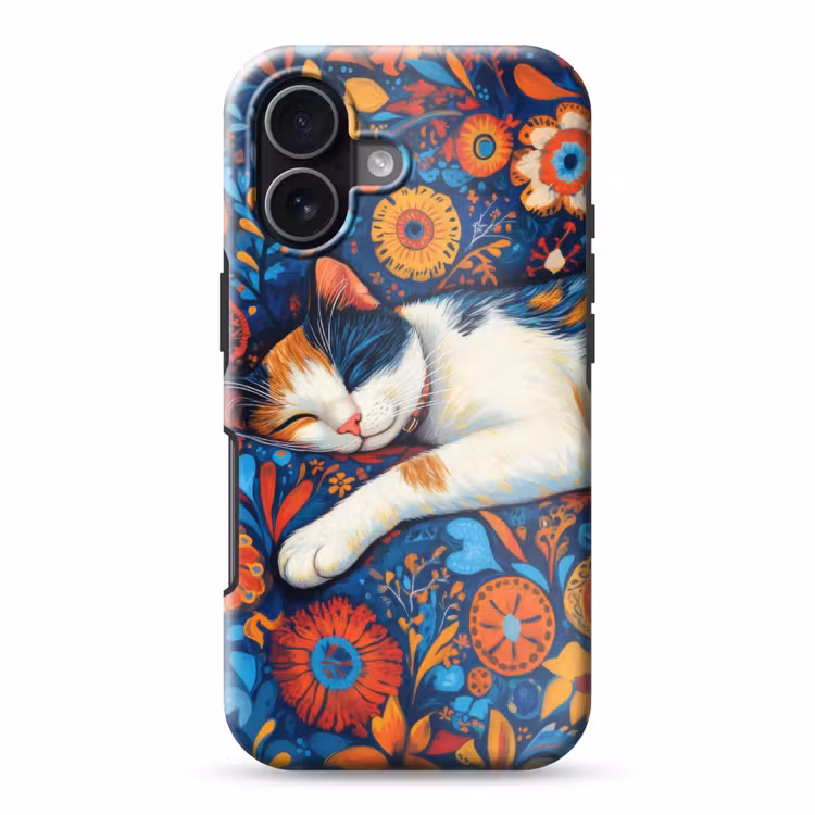Kat - Bloemenpatroon - Blauw - Oranje Toughcase MagSafe Apple iPhone 17 klein -3d