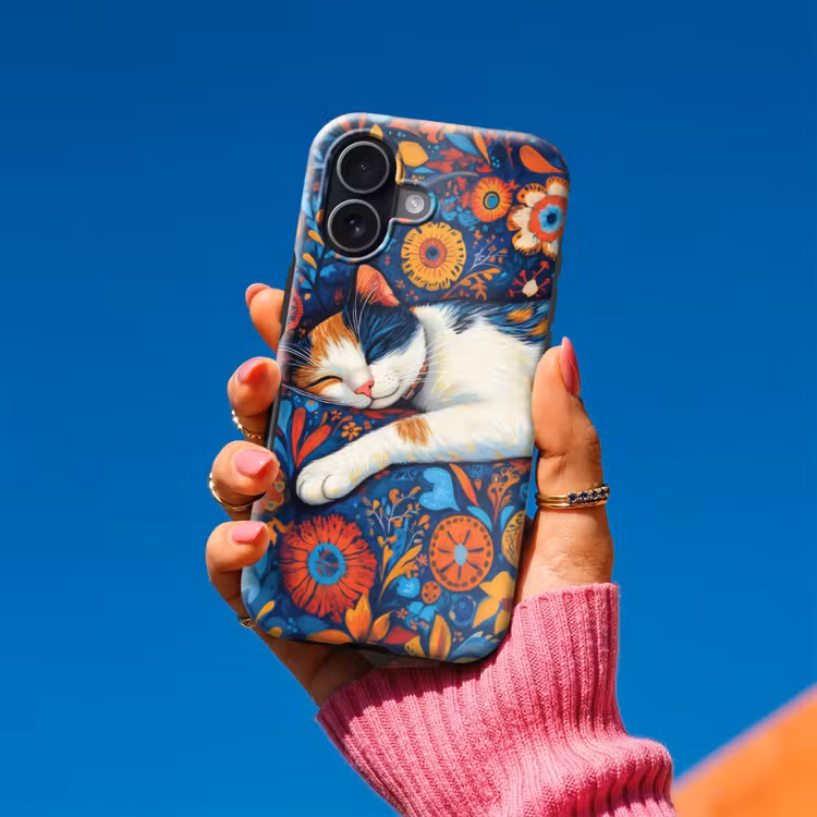 Kat - Bloemenpatroon - Blauw - Oranje Toughcase MagSafe Apple iPhone 17 klein -Sfeer1V